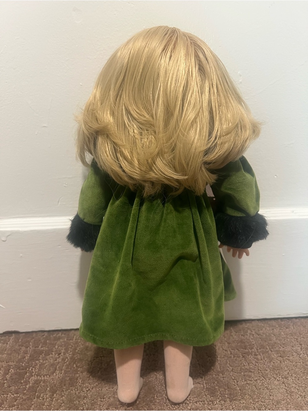 Vintage Götz Doll Blonde Hair Green Velvet Dress w/ Faux Fur Trim Germany - Picture 5 of 12